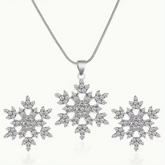 Snowflake Necklace & Earring Set With Crystal Accents - Picture 1 of 2